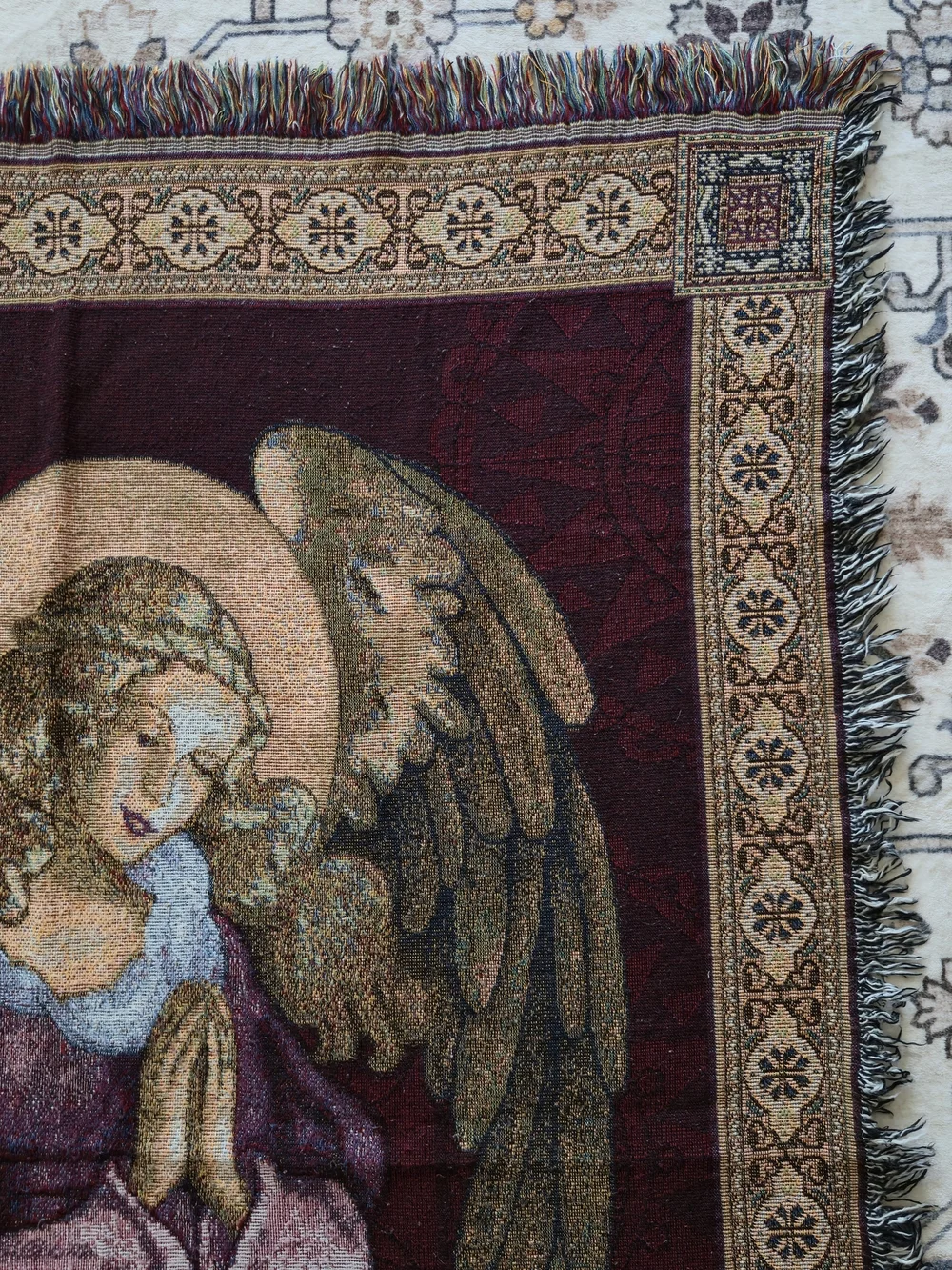 Vintage Praying Angel Tapestry Throw Blanket Wall Hanging Burgundy 45x60